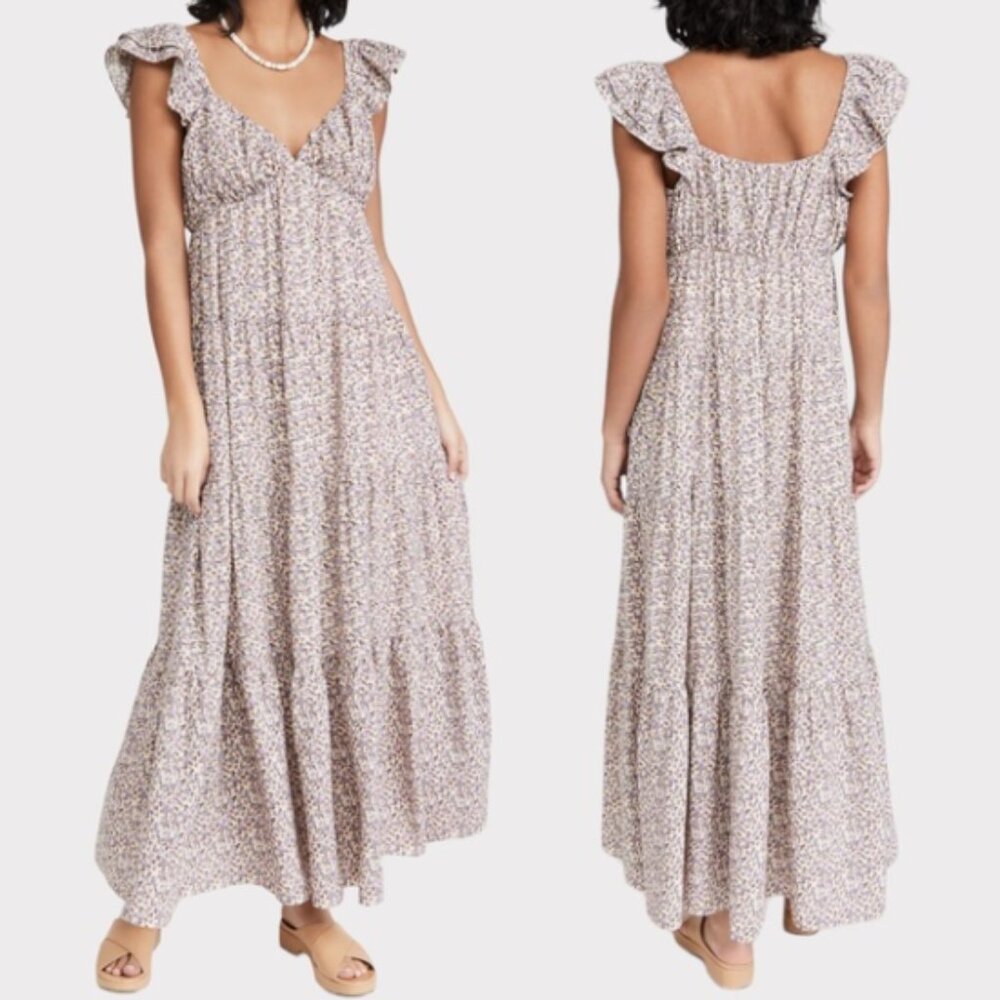 English Factory Floral Ruffle Sleeve Maxi Dress in Ivory Multi Size Large